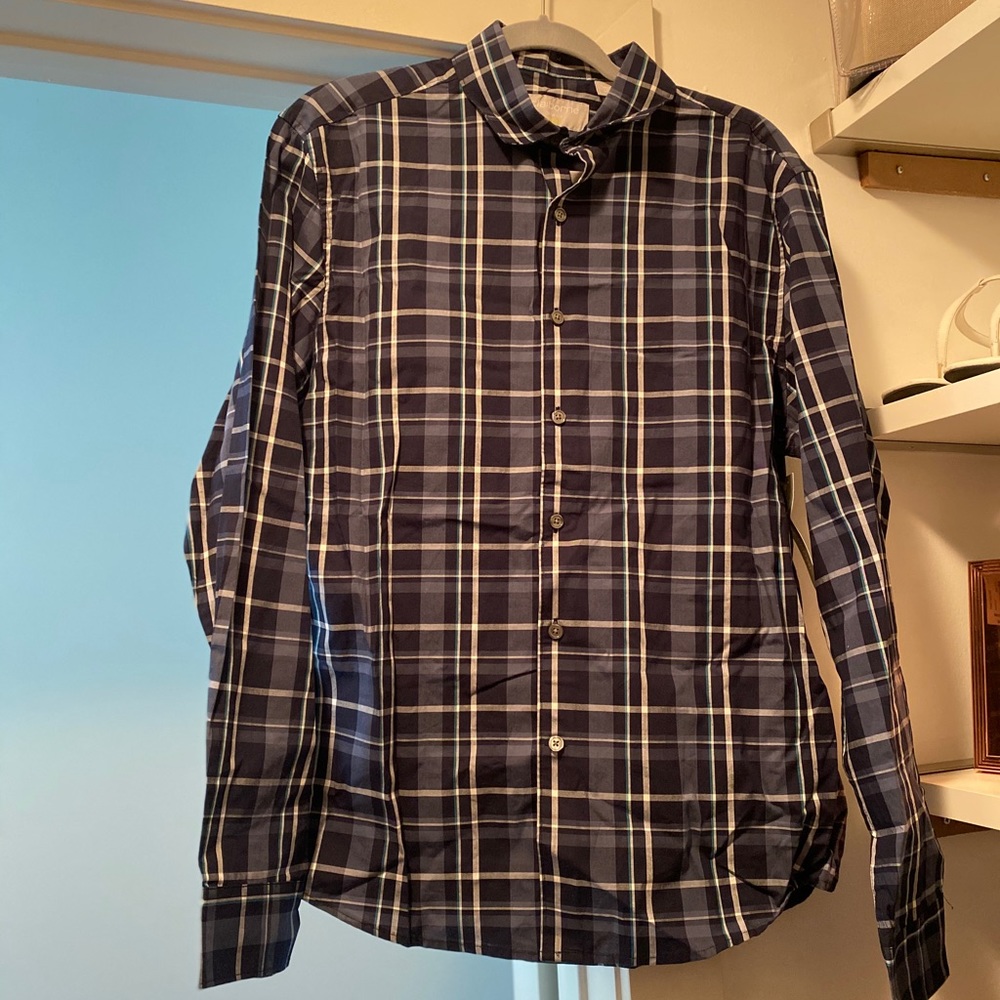 Claiborne Blue Plaid Slim Fit Stretch Shirt